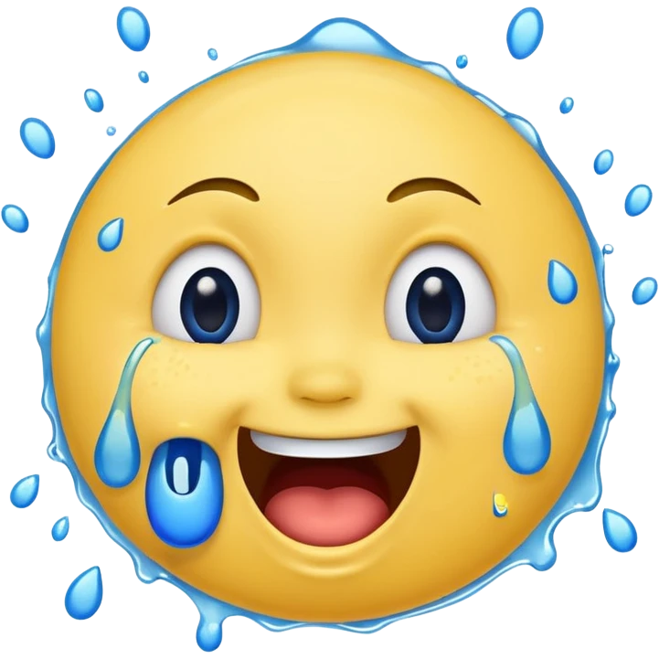 Emoji, yellow round laughing face, open mouth with Splashing blue tears from the eyes emoji