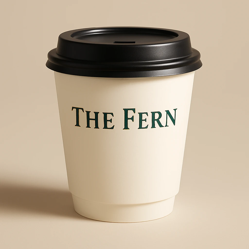 Change the letters that say 'The Fern' to green, keep the elegant serif letters and classic, refined look on the to-go cup. Maintain the elegant serif letter style with a classic and refined look for the text. emoji