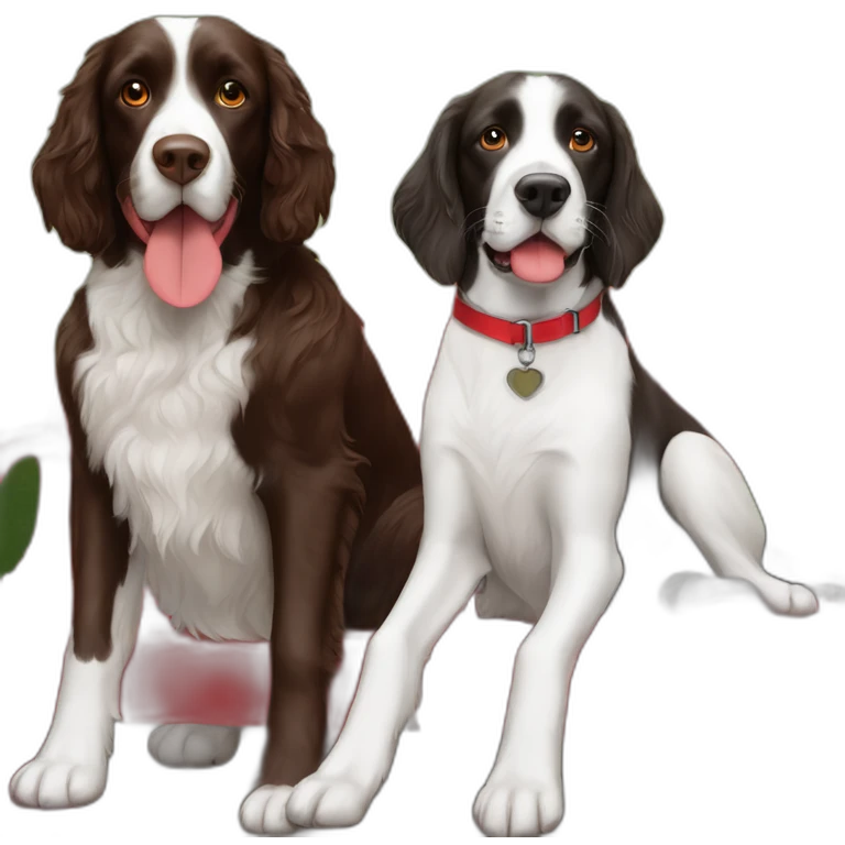 english springer spaniel and aussie lab mix sitting on a red bench emoji