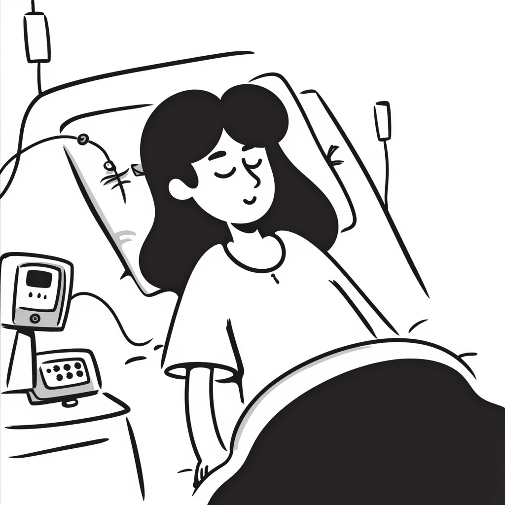 patient sleeping in bed with EEG electrodes, pulse oximeter, and other sensors for polysomnography sleep study emoji