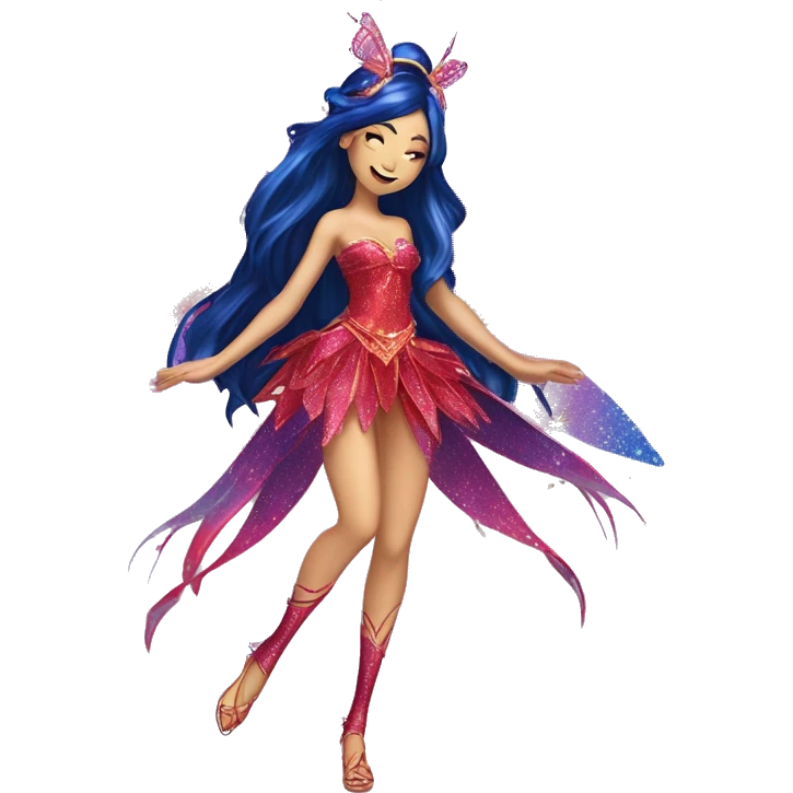 Musa asian adult fairy of music in her enchantix fairy red sparkling two-piece clothing and fairy enchantix wings and long dark blue hair from winx club. Lots of sparkles and fairydust. Full body pic and full fairy bliss emoji