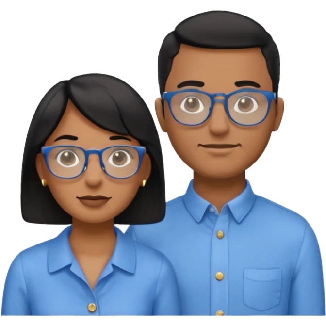 Dois emojis, um homem pardo com cabelos pretos, blusa azul com gola e botões, óculos retangular na cor azul. Mulher parda com cabelo curto preto, óculos redondos e transparentes, está com vestido azul de alças finas e com brincos de argolas douradas na orelha emoji