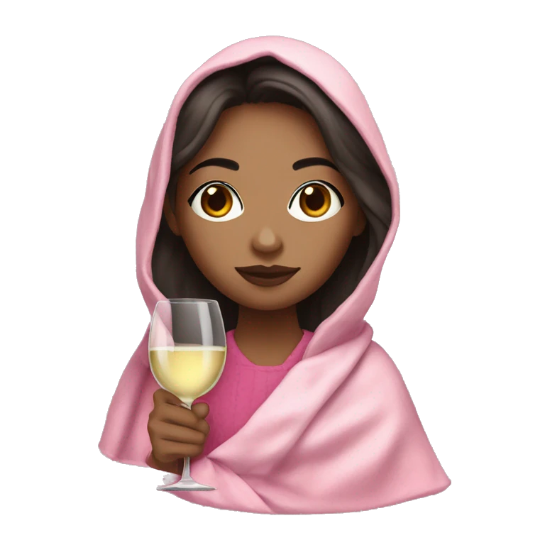 a girl with light skin and dark hair and a glass of white wine wrapped in a pink blanket emoji