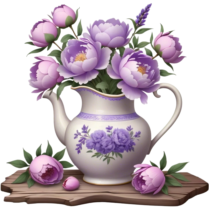 A vintage porcelain pitcher, adorned with fading lavender motifs, overflows with pastel purple peonies in various stages of bloom. Some petals, light as morning mist, curl gently at the edges, while others remain tightly wrapped, hinting at the promise of unfolding beauty. A few fallen blossoms rest beside the pitcher on an aged wooden table, their presence a fleeting echo of nature’s transient charm. Soft, diffused light filters through a lace-curtained window, lending the scene a nostalgic, dreamlike atmosphere." emoji