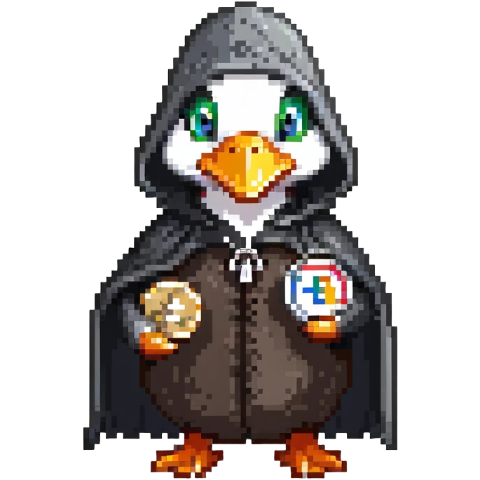 A cool duck in a black cloak with a silver coin emoji