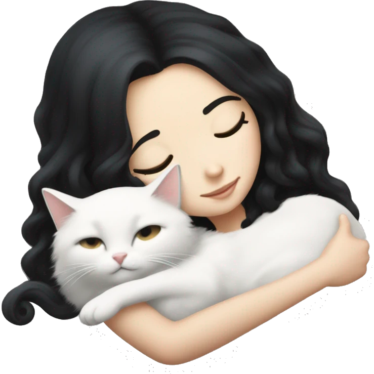 A pretty white girl with very long black hair and sleeping curled up to a white cat  emoji