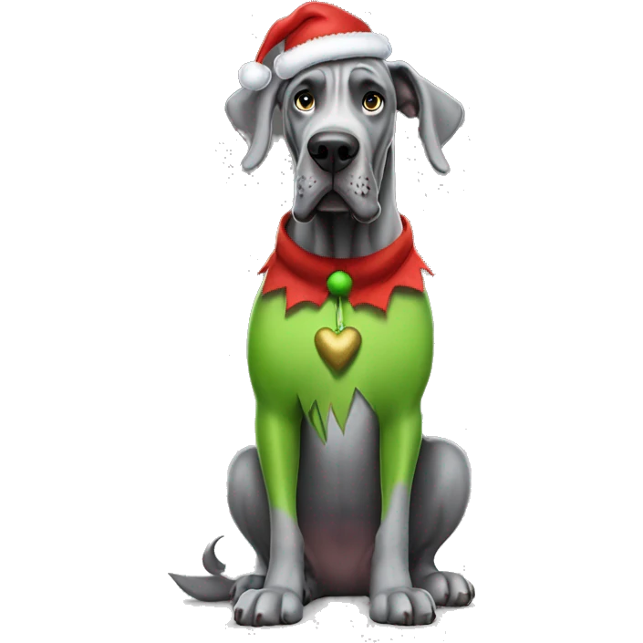 Grey great dane wearing a the grinch costume emoji