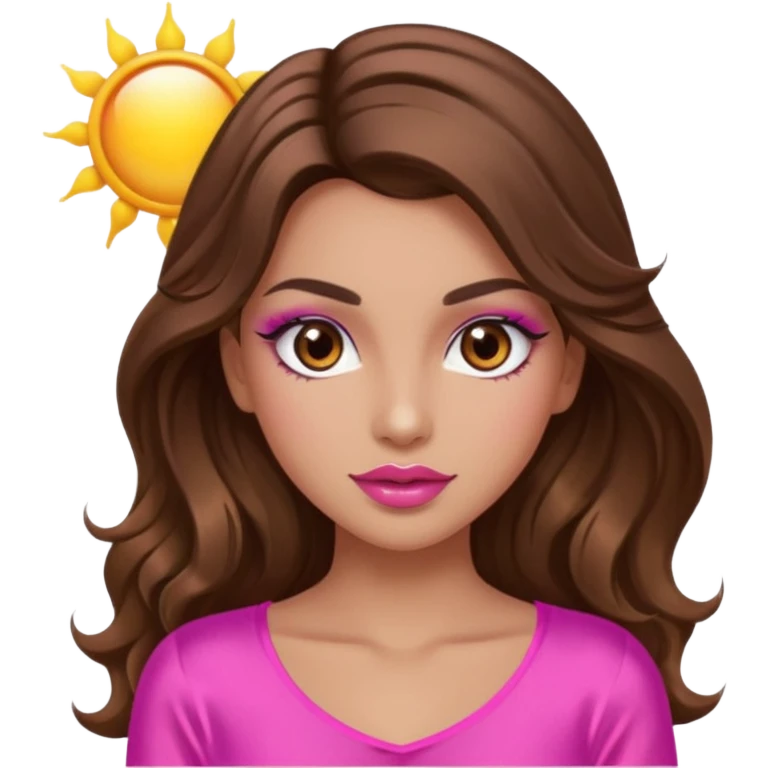 girl with long wavy brown hair, brown eyes, long lashes makeup, sexy pink lips, light to medium complexion, wearing a pink sexy silk top, with the sun icon  emoji