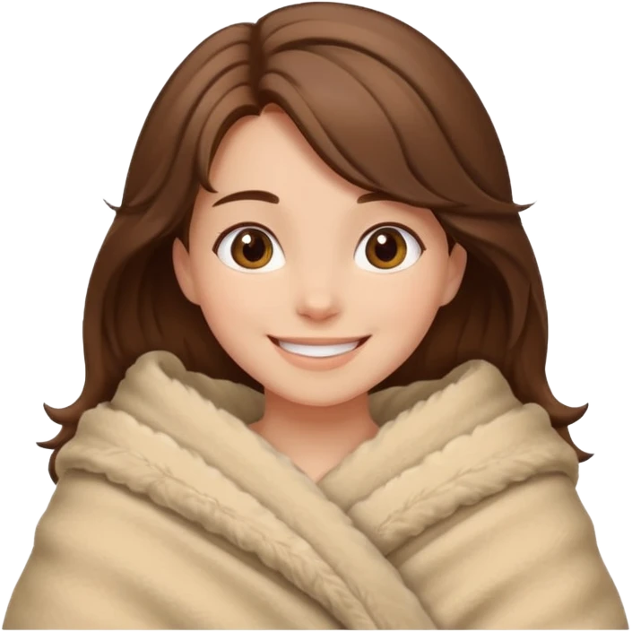 happy brown haired girl wrapped up in fluffy beige blanket emoji
