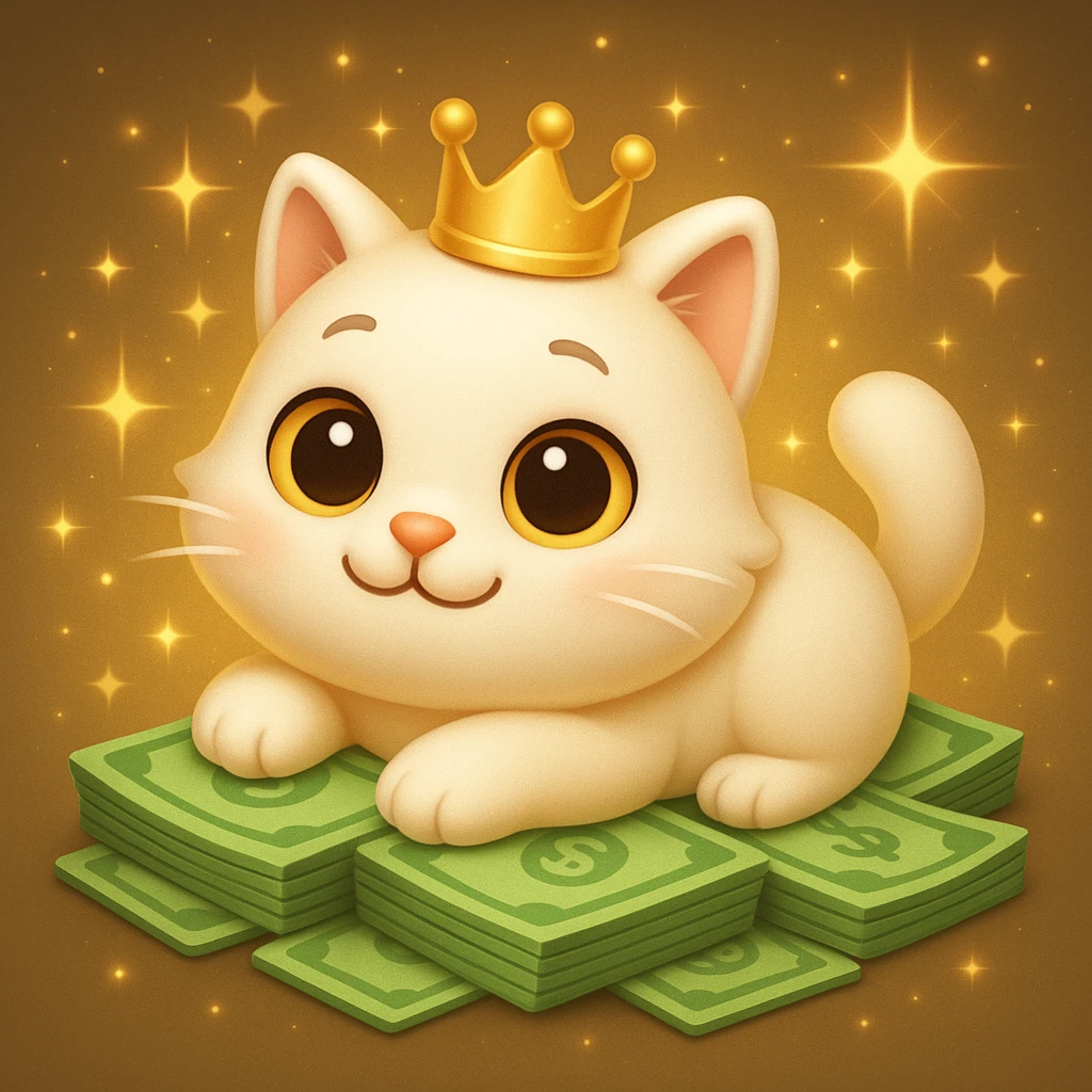 Create a very cute cat with a crown, lying on greenish light green money, with glowing sparkles and shiny dust around for extra decoration, in a 3D emoji style. emoji