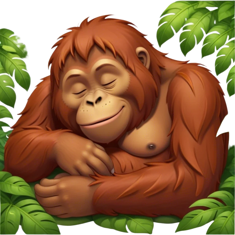 Meme-Worthy cute Sleeping Orangutan Portrait Emoji, Head resting peacefully with a contented smile, showcasing luxuriously soft fur and eyes gently closed in serene slumber, Simplified yet comically adorable features, highly detailed, glowing with a soft, drowsy jungle light, high shine, relaxed and utterly lovable, stylized with an air of playful laziness, bright and heartwarming, soft glowing outline, capturing the essence of a sleeping orangutan that feels destined to become the next viral icon of adorable rest! emoji