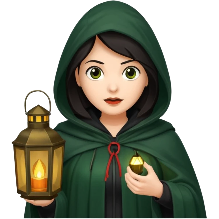 traitor tv show, dark haired woman wearing dark green cloak with hood up who looks very evil and is holding up a lantern emoji