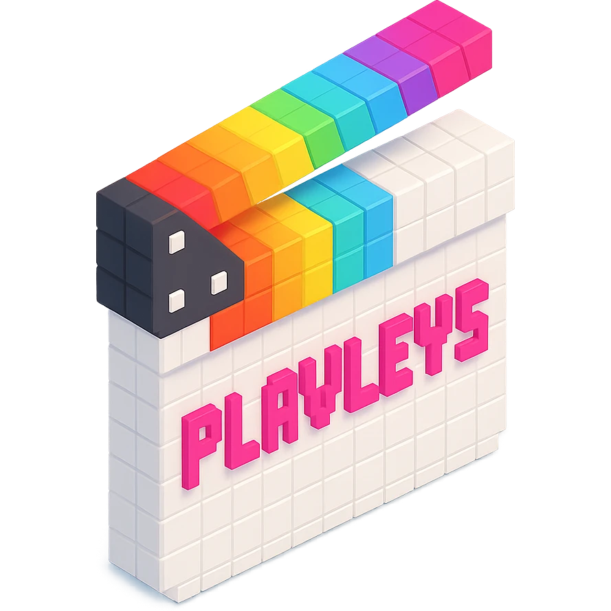 voxel style movie clapperboard, white body, rainbow striped lid, pink text 'PLAVLEYS', isometric view emoji