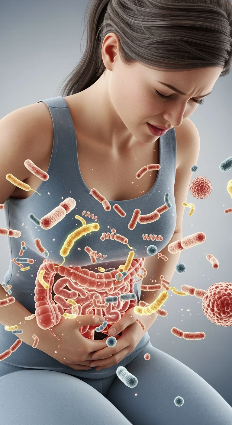 DONNA CON MAL DI PANCIA E INTESTINO UMANO ANATOMICO VISIBILE, BATTERI INTESTINALI FLUTTUANO INTORNO, IPERREALISTICO 4K emoji