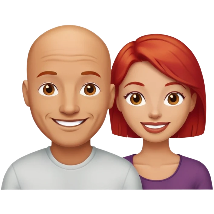 Happy bald man and red hair woman emoji