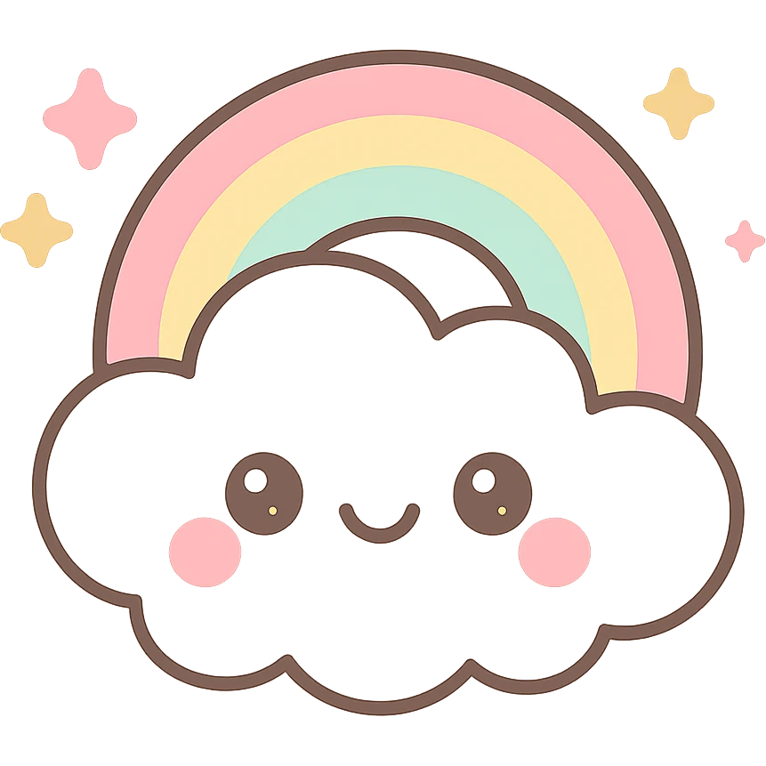 happy cloud with a rainbow and sparkles, kawaii style emoji