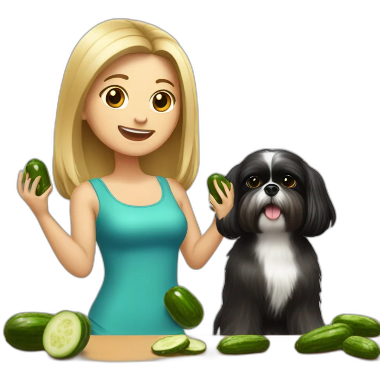 white woman with black long straight hair dancing salsa while eating pickles with a shih tzu dog emoji