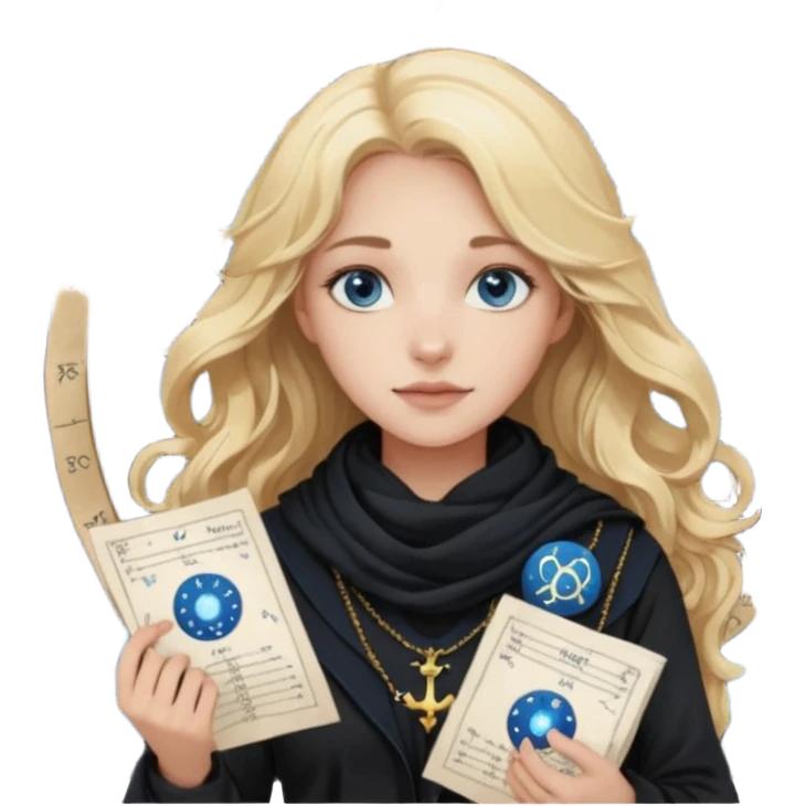 A long wavy haired blonde girl with blue eyes, wearing black, with a scarf on, holding astrology natal chart paper   emoji