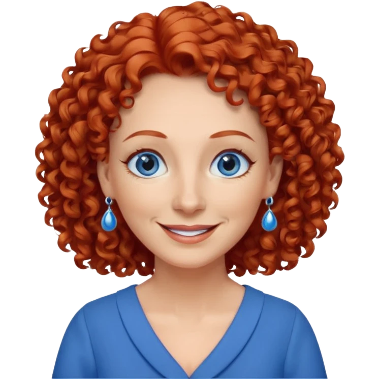 una profesora mayor simpática con el pelo rojo rizado, ojos azules, vestido azul y pendientes azules hablando emoji