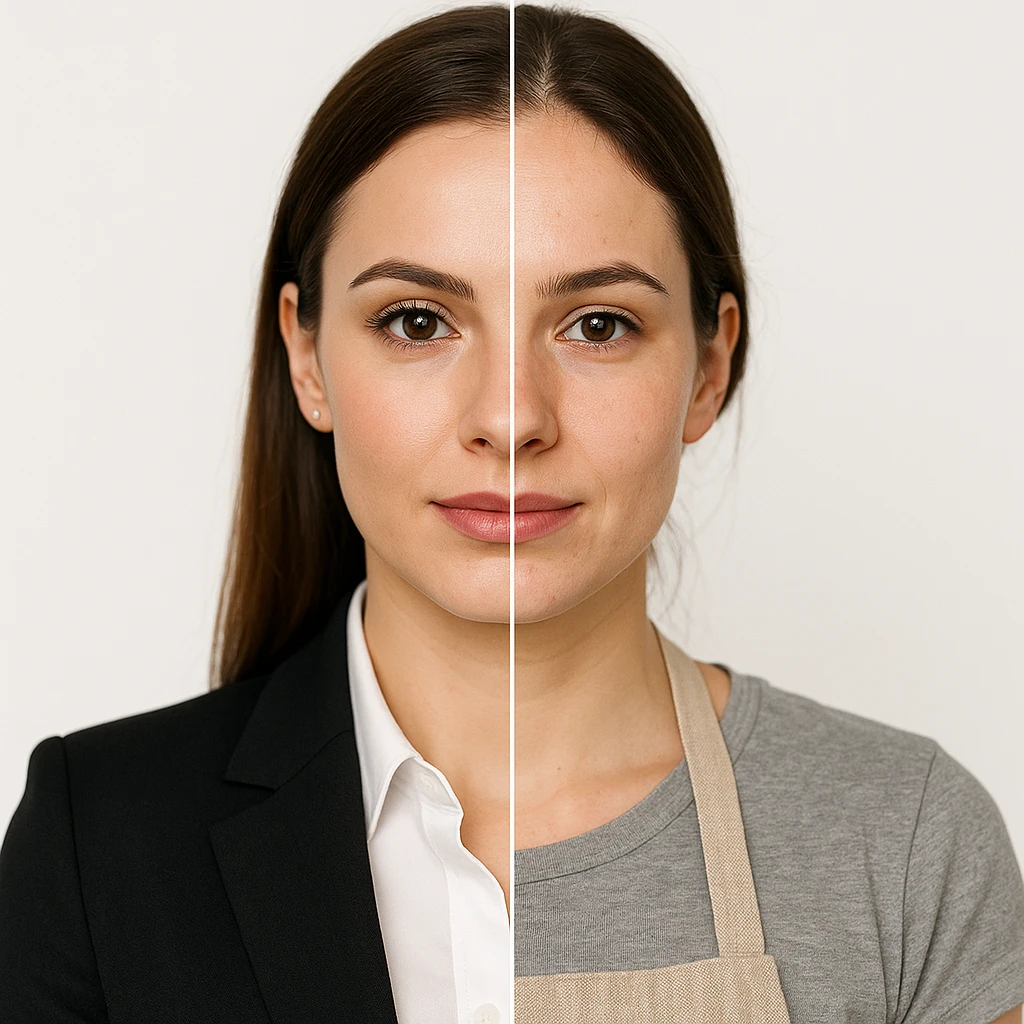 4K hyper realistic, symmetrical split-image: beautiful woman, left side with business makeup and attire, right side natural, kitchen apron, white background, clear contrast. emoji