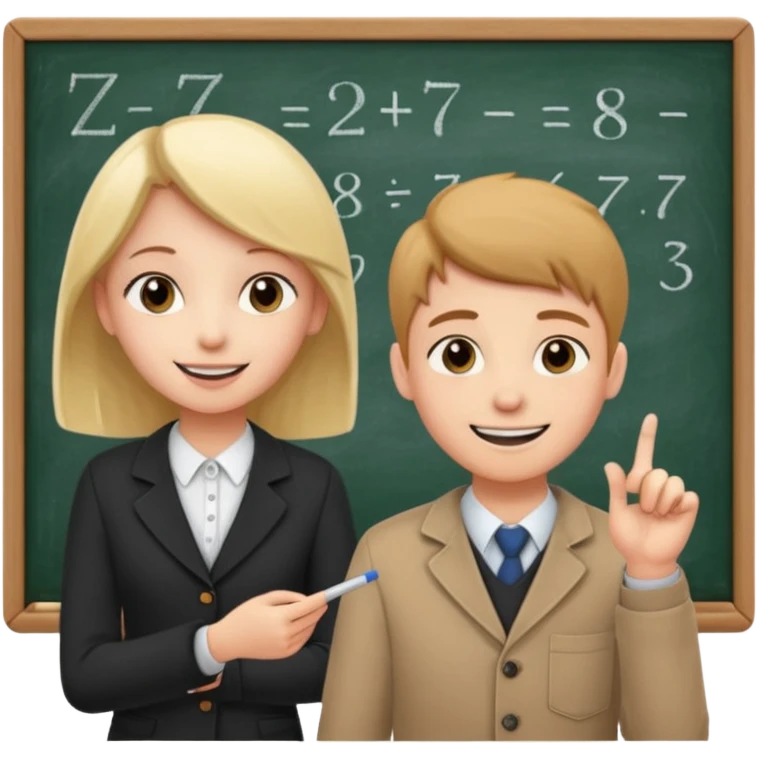 тақтада есеп орындап турған оқушы, мұғалім қасында көмектесіп түр emoji