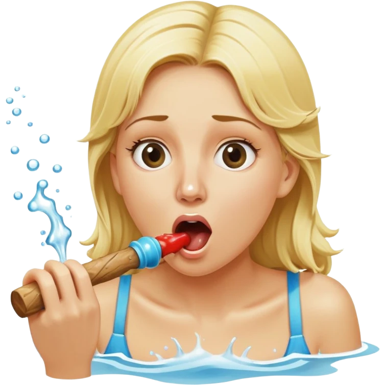 blond woman eating a wide stick the same color as her skin, with a round knob on the edge, water stream squirting directly from the knob into her open mouth, surprised expression emoji
