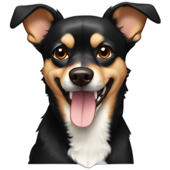 black brown mutt dog with mostly german shephard head but larger chihuahua eyes with large overbite with left upper sharp canine tooth crooked and sticking out of mouth emoji