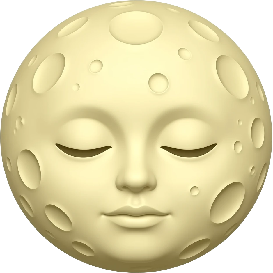 sleeping moon emoji with a FEMALE FACE. Offwhite yellow. round craters for the moons serface emoji