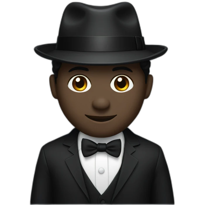 Man with cobalt black skin wearing a black formal suit with a black tie, wearing a fedora with a white band on it. emoji