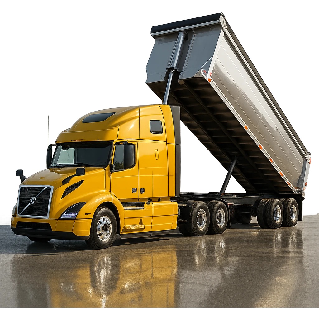 ultra-realistic Volvo yellow semi sleeper truck and silver end dump trailer, trailer tilted up as if dumping, clear reflections and shadows emoji