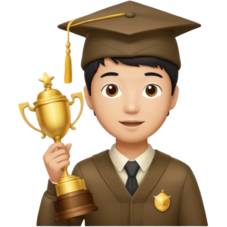 An asian man wearing student hat, holding a trophey emoji