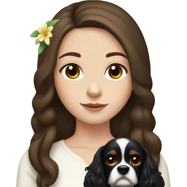 pale skin girl with long dark brown hair that had a flower in her hair  holding a black and brown cavalier dog  emoji