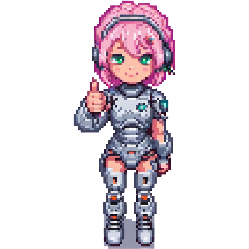 cyborg girl with pink hair giving a thumbs up, pixel art style emoji