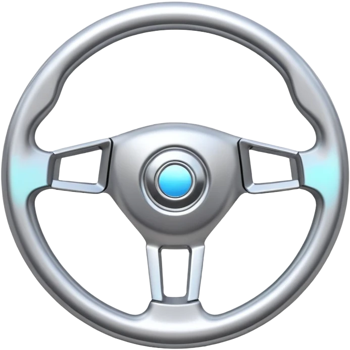 A futuristic steering wheel emoji made of silver chrome, minimal geometric design, smooth metallic surface, soft reflections, iOS emoji style, centered, clean white background emoji