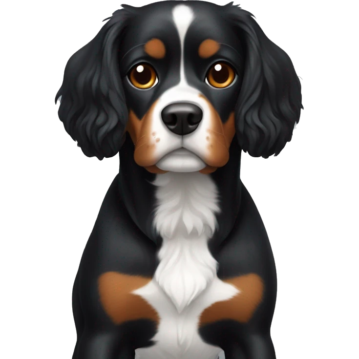 Black dog that looks like a Cavalier king but has a white stripe on chest and a bit of white on chin emoji
