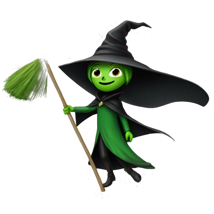 Broom Flying green witch with black big cape extending like a v shape emoji