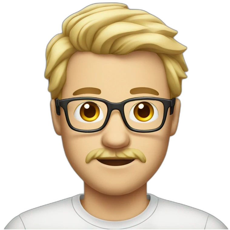 tall young blonde man with glasses and mustache and tshirt emoji