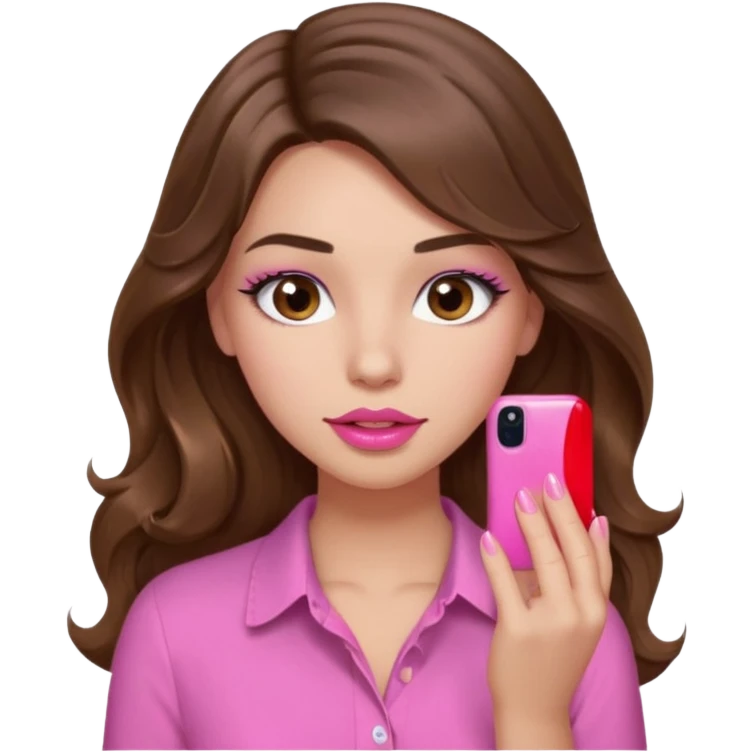 girl with long wavy brown hair, brown eyes, light to medium complexion, in a pink shirt, pink lips, long lashes, puckered lips, showing off a pink manicure emoji
