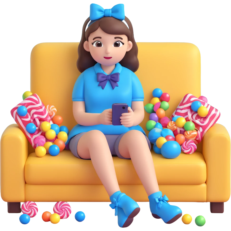 A girl sitting on a couch with a cat, holding a smartphone, with a blue bow on her head, surrounded by candy, in a warm, cozy setting. emoji