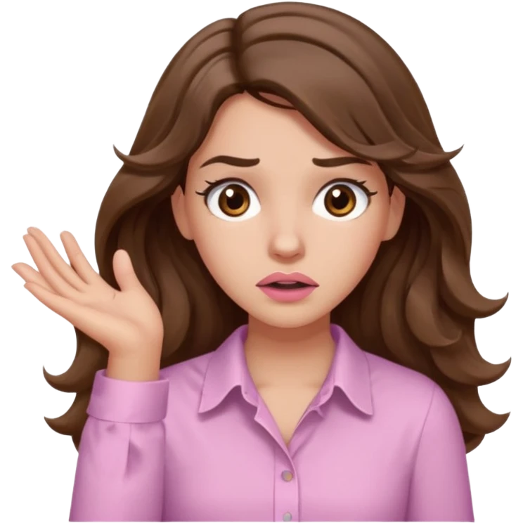 girl with wavy long brown hair, brown eyes, light to medium complexion, long lashes, light pink lipstick, wearing light pink shirt, shrugging with both hands, confused emoji