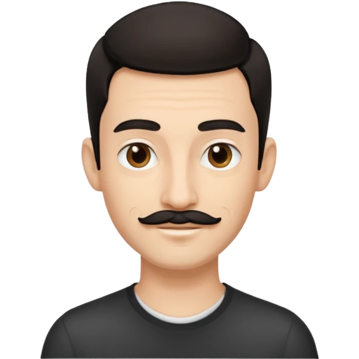 young male designer, receding dark hair, thin moustache, black earring left ear, cheerful emoji
