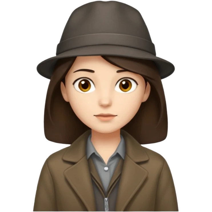 Hobo tomboy with shoulder-length center-parted dark brown hair. brown eyes, dark dull brown coat, grey shirt. Flat crown bolero hat emoji