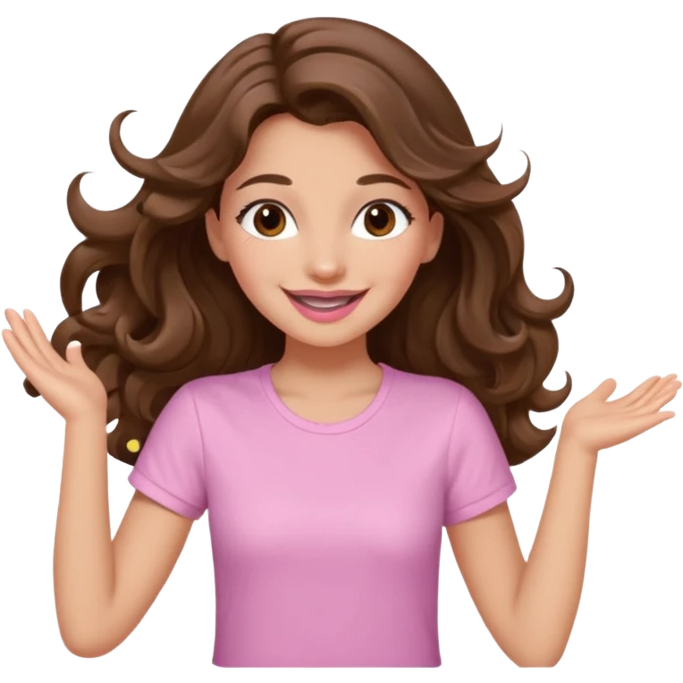 girl with wavy long brown hair, brown eyes, light to medium complexion, long lashes, light pink lipstick, smiling, wearing light pink shirt, dancing emoji