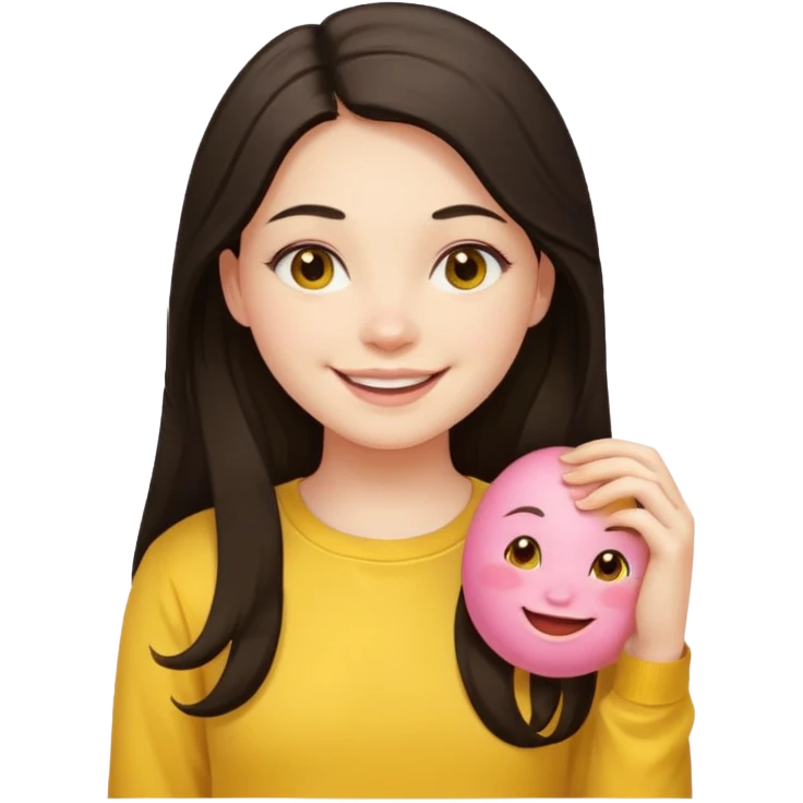 girl on her laptop, long dark hair white skin and yellow shirt long sleeves, smiling emoji