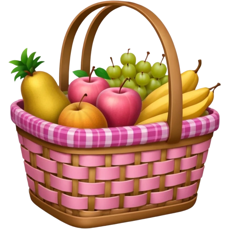 Pink basket, plaid lining, with both food, drink and fruits emoji