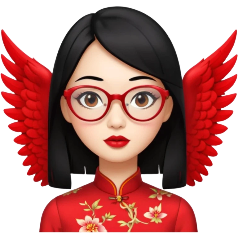an oriental woman, mid-length black hair, red cheongsam, red lipstick, winged eyeliner, fair pinkish skin, small nose, thick lips, transparent glasses, not too slim, not fat emoji
