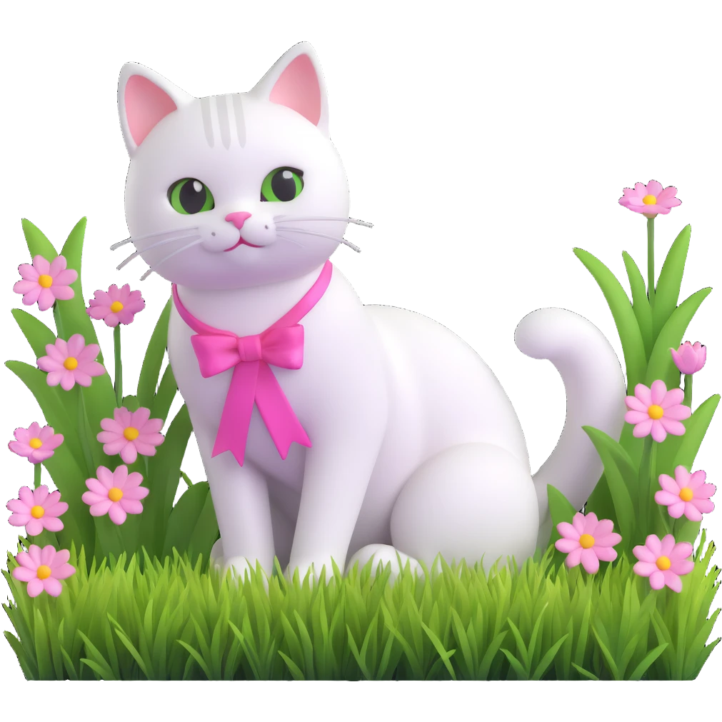 cute white cat with a pink ribbon sitting among tall green grass and white flowers, soft rounded playful appearance, inspired by reference image, 3D emoji style Apple Microsoft fluent emoji look emoji