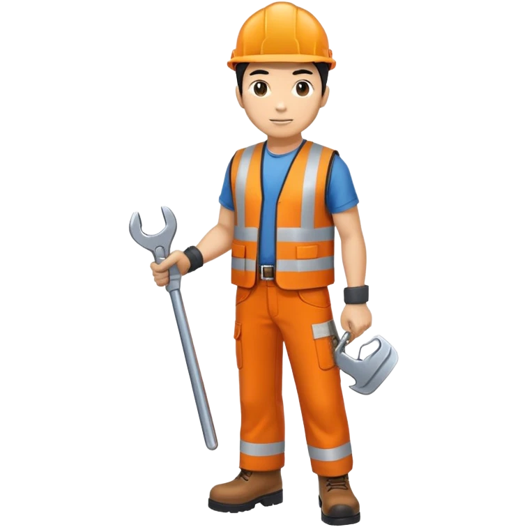 ASIAN RAILWAY ENGINEER ORANGE VEST, TROUSERS, BOOTS, WITH SPANNER emoji