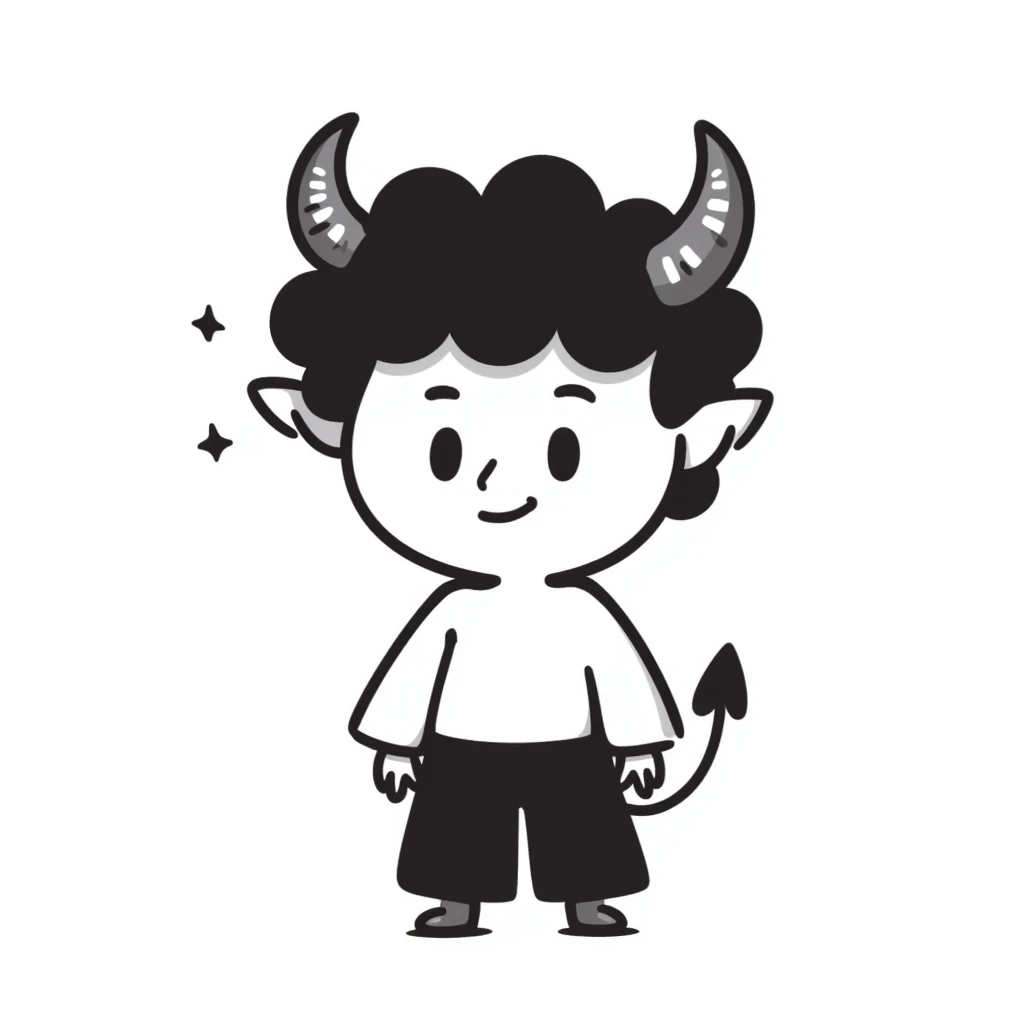 hand-drawn chibi demon with big head, tiny body, cute horns and mischievous smile emoji