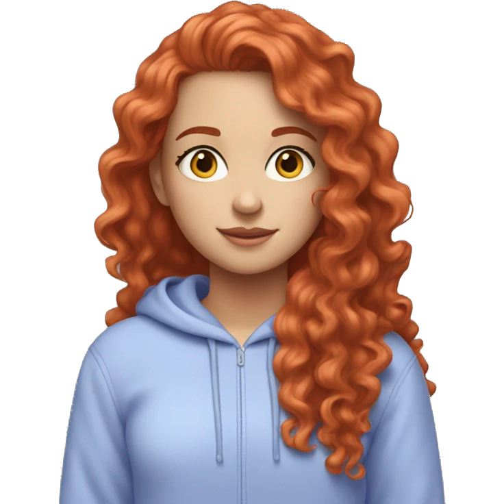 a white girl with long red curly hair, wearing a pastel periwinkle hoodie doing a pose emoji